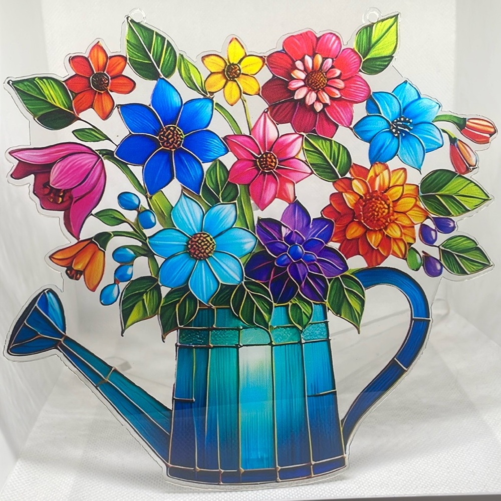 Suncatcher Acrylic Watering Can Colourful Flowers Spring Decorations Gift New